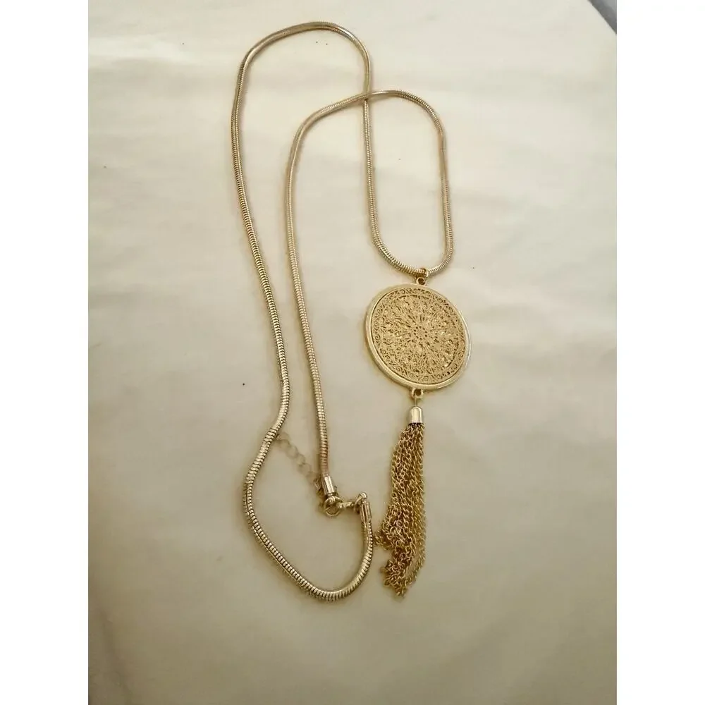 Vintage Long Pendant Necklace Gold Tone Snake Chain Etche with Tassel 32” Long